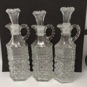 *3 VTG Etched Glass Oil & Vinegar Cruet Bottle Anchor Hocking Wexford Stopper 8"